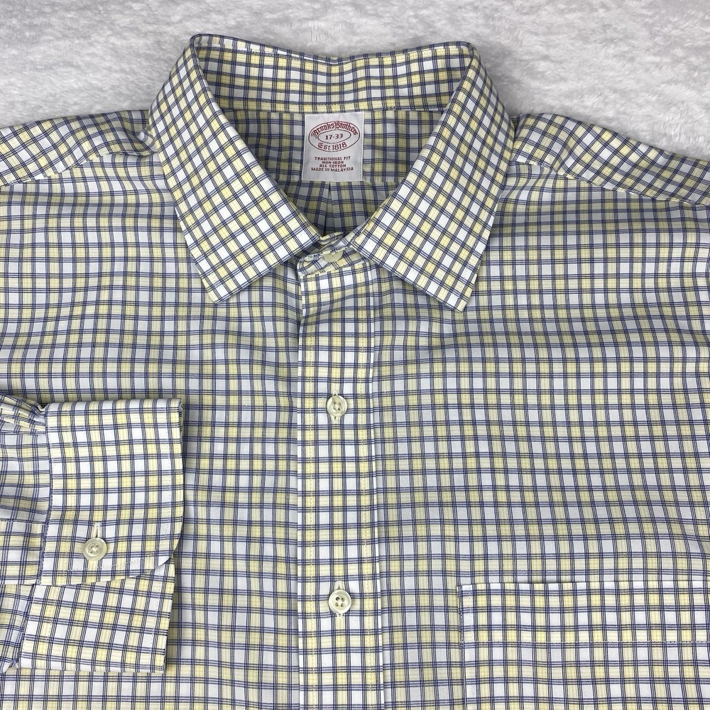 Brooks Brothers Dress Shirt Mens 17-33 Yellow/White Checks Traditional No Iron